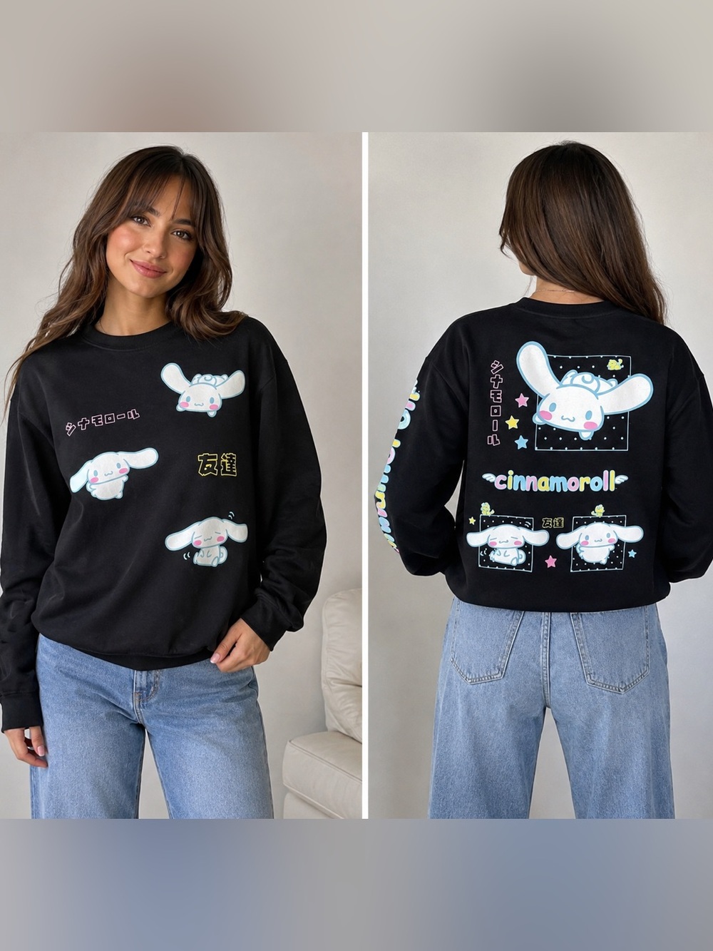 Sanrio Cinnamoroll Black Graphic Kids Sweatshirt with Pastel Accents
